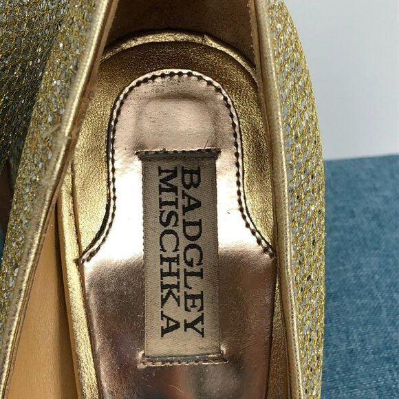 Badgely Mischka Gold Glitter Humbie II Peep Toe Platform Evening Pumps 7.5L & 8R - Picture 8 of 14